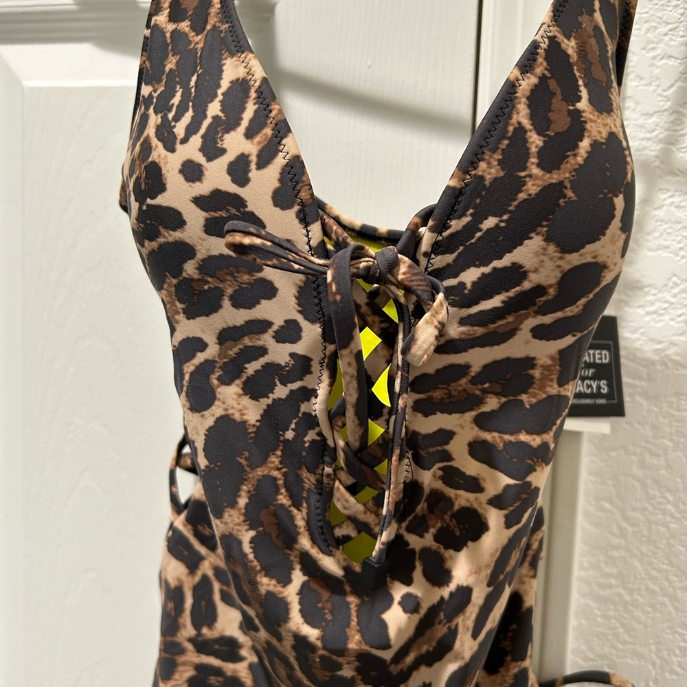 Bar III Beach Cheetah Lace-Up One-Piece Swimsuit - Picture 5 of 8